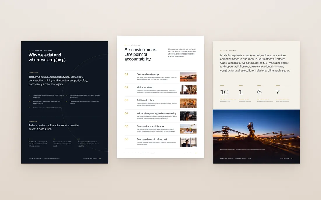 Three pages from the Mrala Enterprise company profile on a warm surface