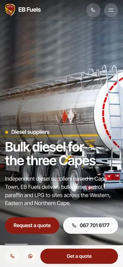 EB Fuels home page on a phone with call, WhatsApp and quote buttons