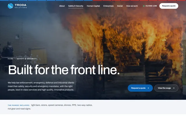 Safety and security page under the light bar, with a fire-training photo
